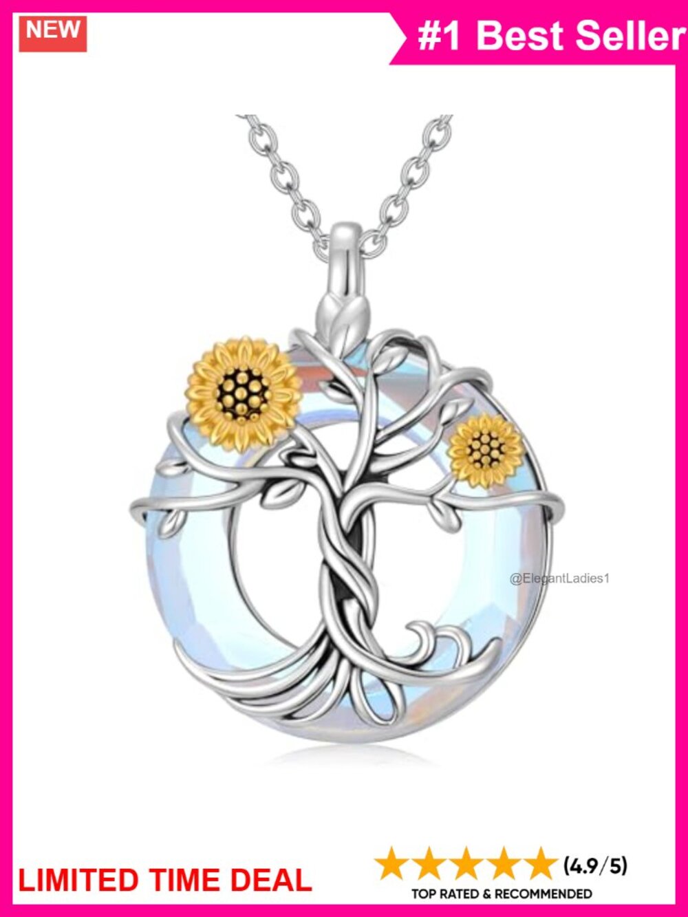 925 Sterling Silver Tree of Life Sunflower Pendant Necklace Crystal 18-20 in